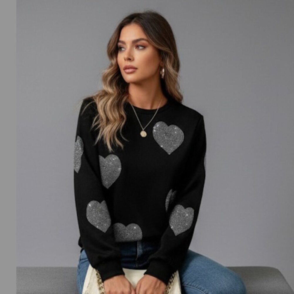 Rhinestone Heart Pattern Crew Neck Sweatshirt Black - Picture 2 of 9